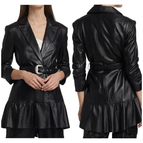🖤 Cinq a Sept Black Genuine Leather Skirted Ruffle Peplum Belted Blazer Jacket - Picture 2 of 13
